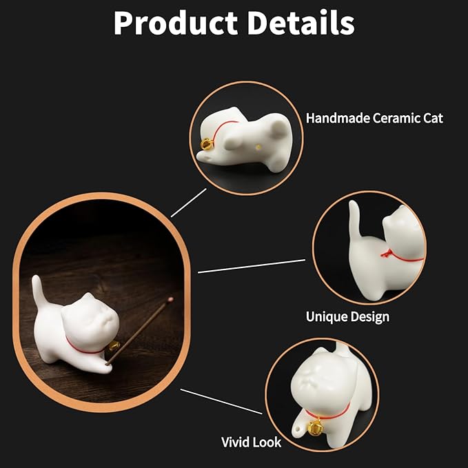 Upgraded Package Incense Holder Handmade Ceramic Cat, Incense-Stick Holder with Sticks, Bamboo Mat and Brass Incense Stand, Cute Cat Insence Burner Holder for Meditation Yoga Massage Home Decor Gift