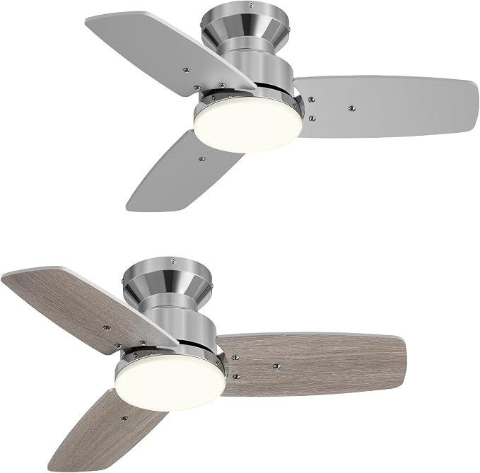 42 Inch Ceiling Fans with Lights and Remote, Bedroom Living Room Office, Flush Mount, 6CCT Dimmable, Dual Color 3 Blades 6 Speed Reversible Quiet DC Motor, Chrome-Plated/Wood Grain, 2 Pack