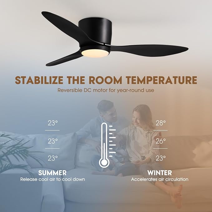 LUDOMIDE Ceiling Fans with Lights,42 Inch Low Profile Ceiling Fan with Wall Control and Remote Control,Dimmable,Flush Mount Ceiling Fan with Noiseless DC Reversible Motor for Bedroom Indoor Use