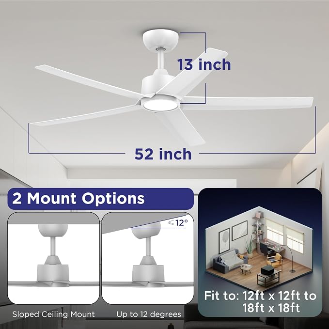 ocioc 2 Pack 52 inch Ceiling Fans with Lights and Remote Control, Ultra Quiet DC Motor, 3 Color Temperatures Modern Ceiling Fan for Bedroom Patio Indoor Covered Outdoor White