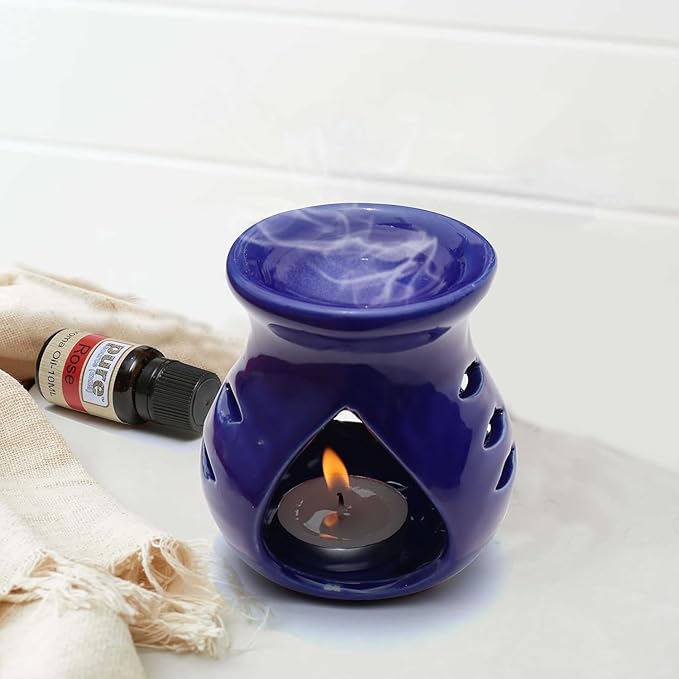 Pure Source India Ceramic Essential Oil Burner Wax Melt Burners |Aromatherapy| Ceramic Oil Diffuser| Candle Tealight Holder (Set of 1) Home Bedroom Decor Christmas Housewarming Gift, Blue