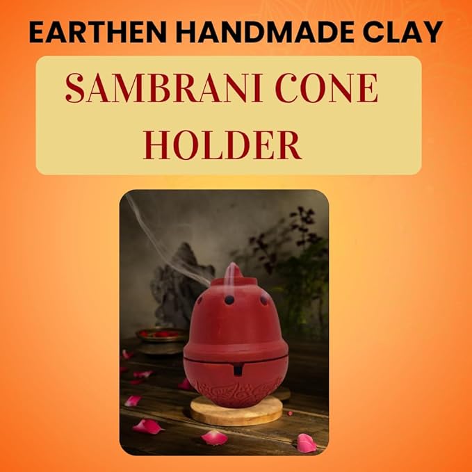 Traditional Clay Sambrani Dhoop Incense Holder, Terracotta Red, Decorative Bowl Shape with Lid, for Home Temple Pooja
