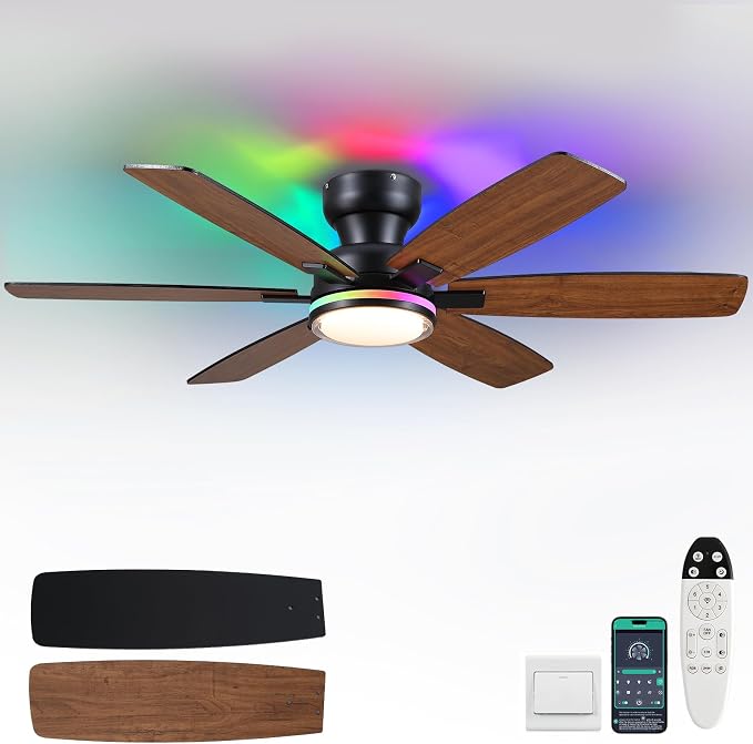 Kviflon 52" Ceiling Fans with RGB Lights, Low Profile Ceiling Fan with Remote/APP Control, Flush Mount, Double-Sided 6 Reversible Blades, RGB+3CCT Dimmable Lights, Double Lampshade for Bedroom, Brown