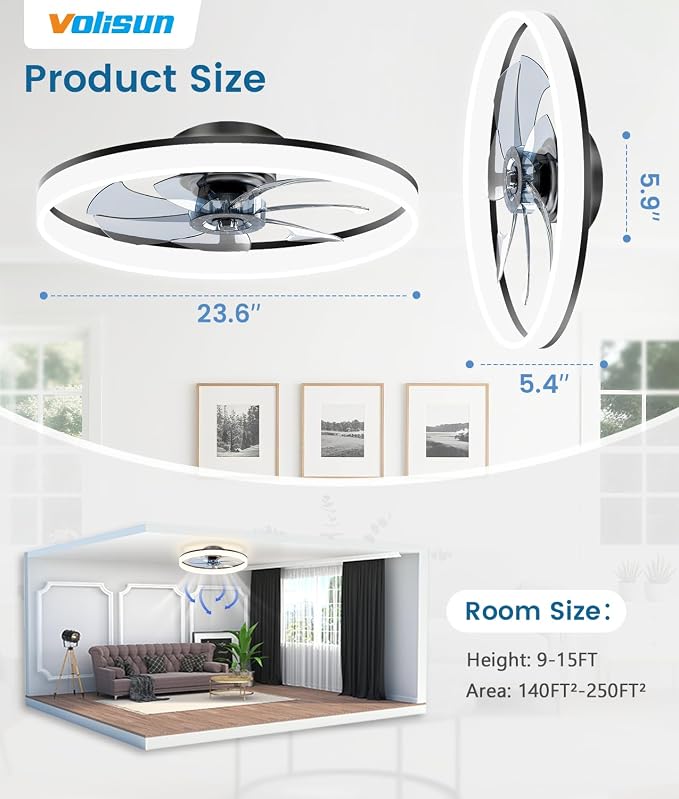 VOLISUN Low Profile Ceiling Fans with Lights and Remote, 24in Fandelier Ceiling Fan Flush Mount, 3000K-6500K Smart Bladeless LED Fan Light, Black Modern Ceiling Fans with Lights for Bedroom
