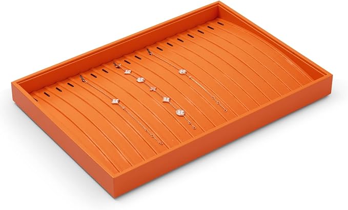 Oirlv Orange Leather Jewelry Necklace Display Tray | Orange leather exterior, soft microfiber interior, chain slots, keeps necklaces organized and visible, bold color