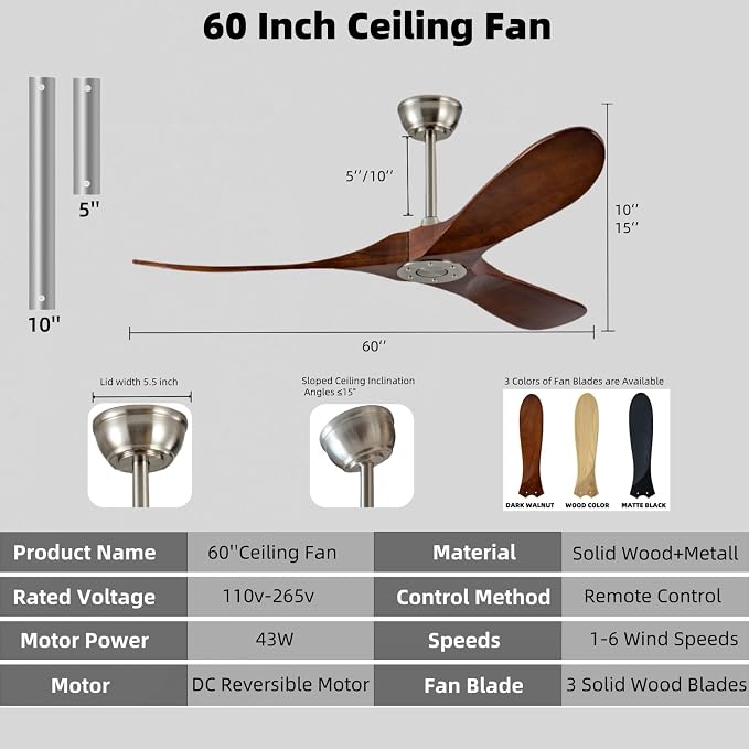 60 Inch Ceiling Fan Without Light, Deep Walnut Remote Control 6 Speed Silent Ceiling Fan Without Light,Suitable for Courtyard, Porch, Bedroom and Outdoor.