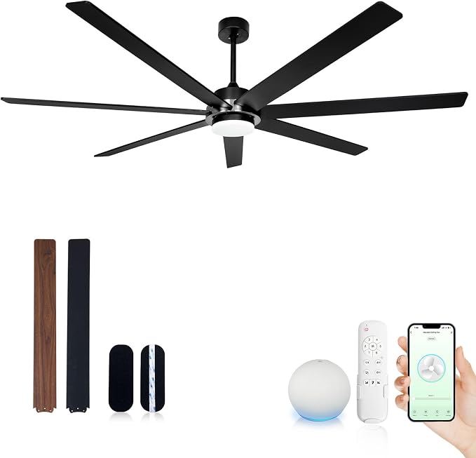 Minislak 72" Black Smart Ceiling Fan with Light and Remote via WIFI Alexa APP Control,6 Speed Quiet DC Motor,Dimmable,Indoor Outdoor Ceiling Fans for Patios or Bedroom,Living room