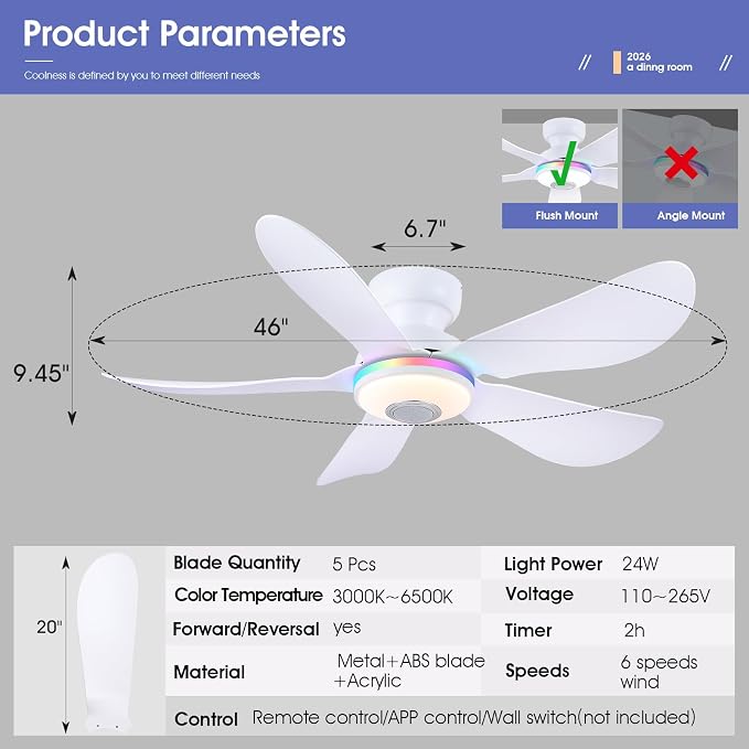 Kviflon 46" Ceiling Fans with RGB Lights Remote/APP Control, Flush Mount, 3 CCT Dimmable White Lights+RGB Ring Lights+Music Player, 5 Reversible Plastic Blades 6 Speeds for Party Bar, White