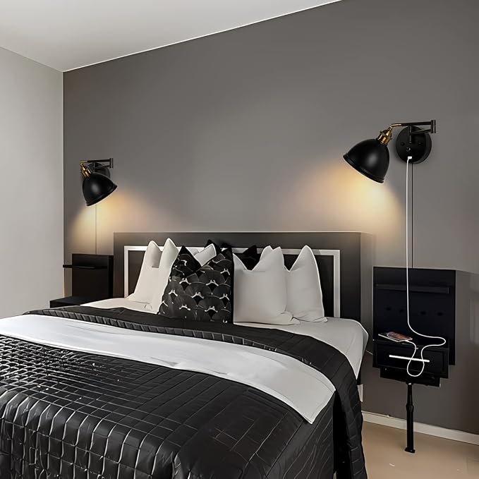 Swing Arm Wall Sconces, Plug-in Wall lamp,Bedroom Wall lamp ， White Fabric Shade，，with dimmable Switch and USB Charging Port, Suitable for Bedside, Living Room, Reading (Metallic Black)