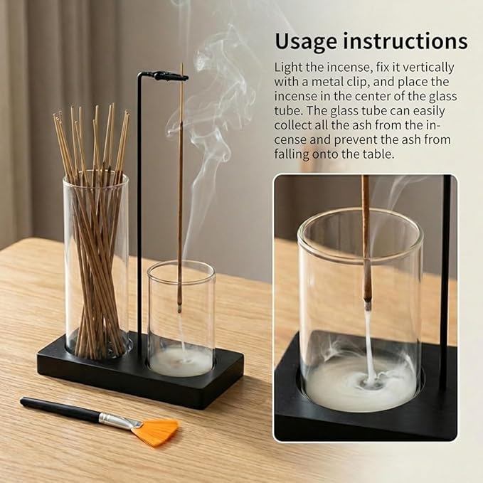 2 in 1 Incense Holder for Sticks, Glass Incense Burner Holder with Storage, Upside Down Incenses Holders with Glass Ash Catcher for Home Meditation Yoga Spa Room(Color:Black)