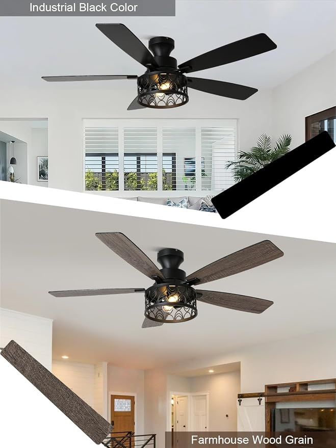 52" Farmhouse Ceiling Fan with Lights Flush Mount Metal Caged | Remote Control Rustic Fandelier, Low Profile Chandelier Fan for Bedroom Dining Room, 5 Dual Blades, Reversible Quiet DC Motor