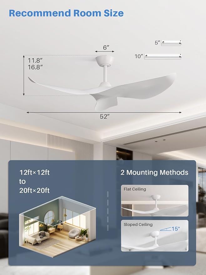 Sofucor 52 Inch Ceiling Fan No Light, Modern White Ceiling Fan with Remote Control, Quiet Reversible DC Motor, 6-Speed Indoor Ceiling Fan for Bedroom Living Room Covered Patio Porch
