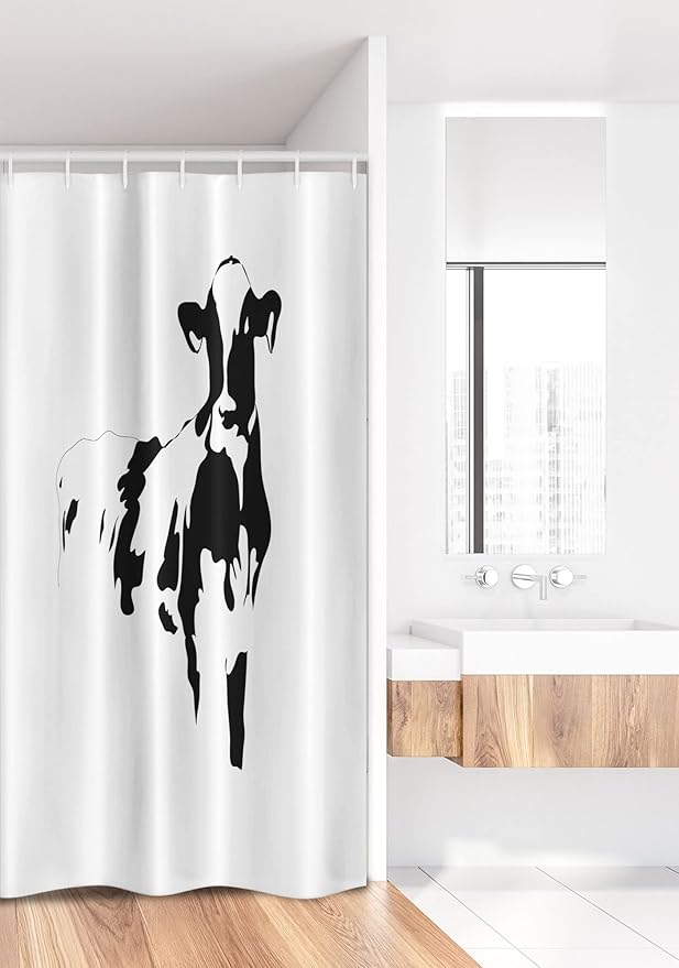 Ambesonne Rustic Stall Shower Curtain, Silhouette Portrait of a Cow Meat Milk Farm Animals Agriculture Themed Illustration, Fabric Bathroom Decor Set with Hooks, 36" W x 72" L, Black White
