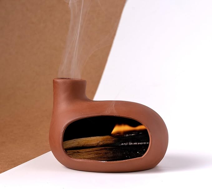 MOUGIGI Terracotta Palo Santo Holder - Modern Chiminea Incense Burner for Yoga, Meditation, and Energy Cleansing - Wood Sticks Dish, Sage Ash Catcher, Smudge Bowl, Cone Burner - Unique Meditation Gift
