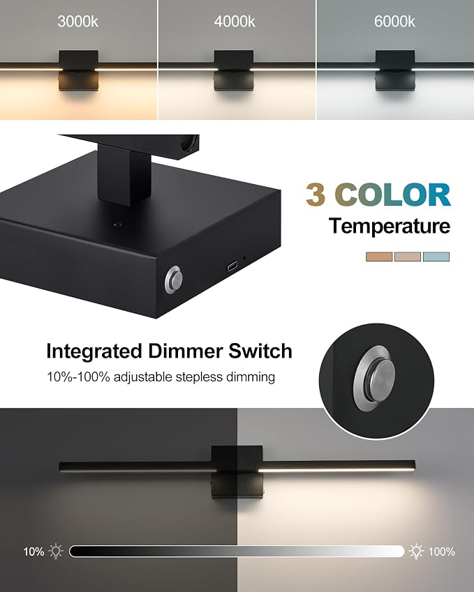 8000mAh Battery Operated Wall Sconce with Remote Control, 3000K-6000K Dimmable Black Wireless Rechargeable Wall Sconces Set of Two with Timer Function for Living Room, Bedroom, Stairwell, TV 24 Inch