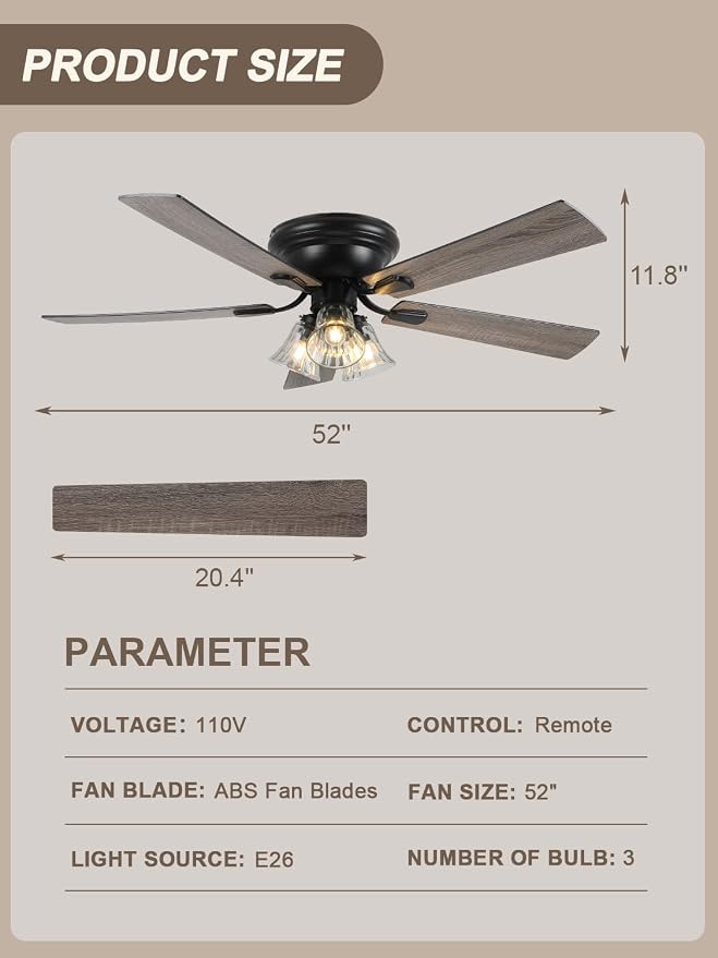 52 Inch Flush Mount Farmhouse Ceiling Fans with Lights and Remote Control | 5 Reversible Blades Vintage Low Profile Ceiling Fan with 3-Light 6 Speeds for Living Room Bedroom Kitchen Dining Room