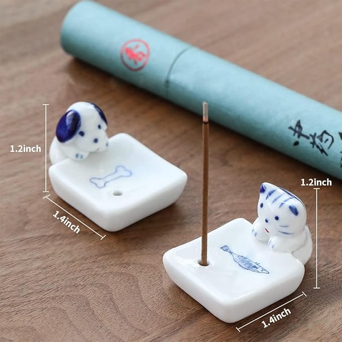 Set of 2, Japanese Mini Cute Kitty Cat with Dog Handmade White Ceramic Incense Stick Holder or Incense Burner Holder, Inscent Tray for Home Decor Yoga Spa Meditation, 1.42 inches
