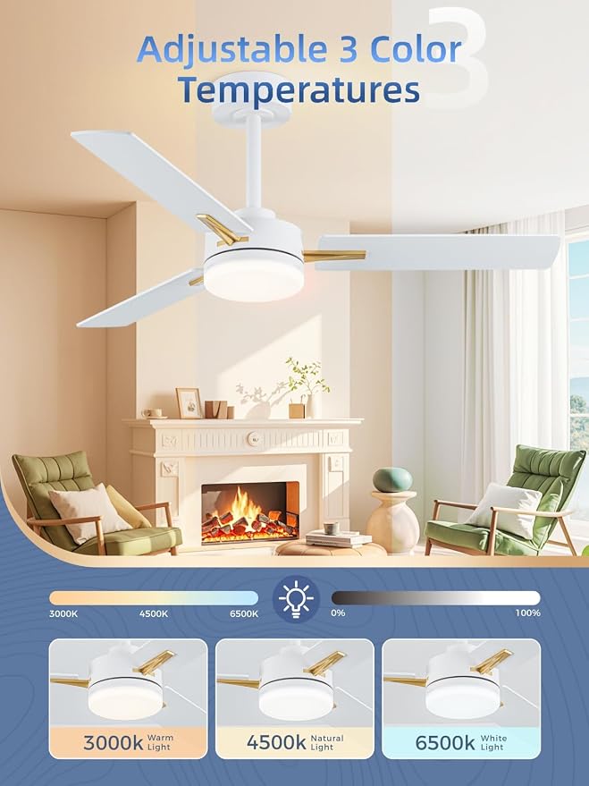 LANMEL 42 Inch Ceiling Fans with Lights, App&Remote Control, Low Profile Modern Ceiling Fan, 6 Speed, Reversible, 3000k-6500k Dimmable LED, Quiet DC Motor for Indoor Outdoor Use, Gold White