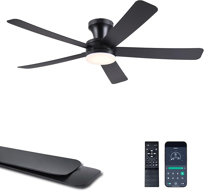 Ayaoty Ceiling Fans with Lights,46" Black Flush Mount Ceiling Fan Light with ABS Blades Reversible,3CCT Dimmable, Low Profile Fan Light for Indoor Modern Bedroom, Kitchen