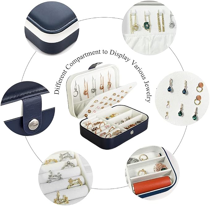 Hatori Travel Jewelry Box, PU Leather Small Jewelry Organizer for Women Girls, Double Layer Portable Mini Travel Case Display Storage Holder Boxes for Stud Earrings, Rings (Blue)