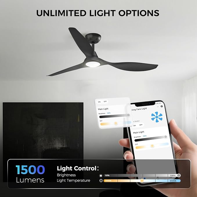 Roomratv Ceiling Fans with Lights and Remote Control,Quiet Noiseless Reversible DC Motor,6 Speeds,Timers, 3 CCT, Indoor Use, Plastic Blades,52 Inch Black Ceiling Fan Smart APP Control for Living Room