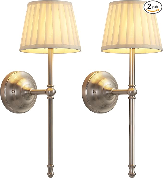 KDG Cordless Wall Sconces Set of 2, Small Wireless 5200mAh Rechargeable Battery Fabric LED Wall Lamps, Portables Lightings for Wall Painting, Living Room, Bedroom, Hallway, Gifts, Night Light (Nickel)