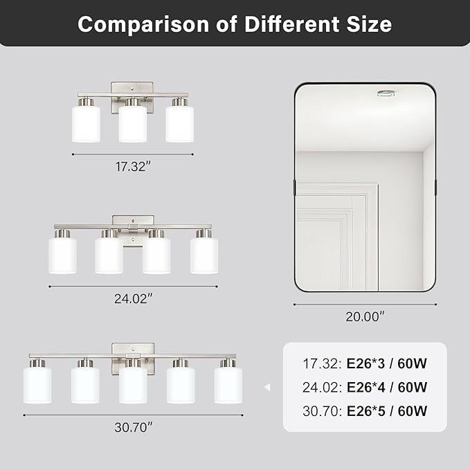FonmYim Brushed Nickel Bathroom Light Fixtures, 3-Light Modern Vanity Light Over Mirror, Wall Sconces with Milky White Frosted Glass Shades, E26 Socket (Bulbs Not Included)