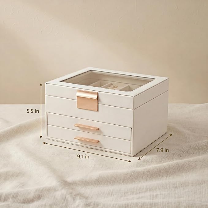 Jewelry Box Organizer with Glass Lid, 3-Layer with Double Drawers, Luxury Velvet Lined Desktop Display Case for Earrings Rings Necklaces, Gift for Women Girls (White)
