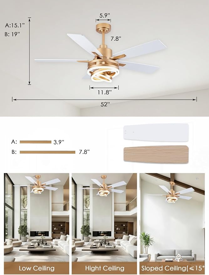 Bella Depot 52 Inch Gold White Ceiling Fan Modern Chandelier Ceiling Fan with Dimmable Light, 6-Speed, Reversible, Timing Option - Ideal for Bedroom Living Room