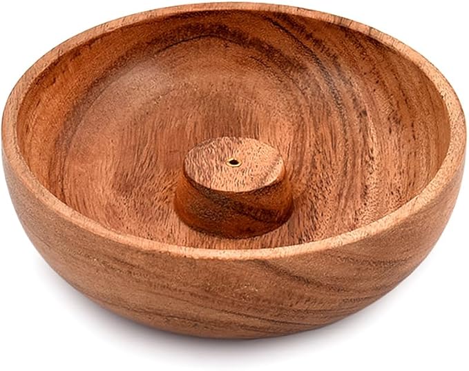 Samhita Acacia Wood Round Incense Stick Holder,Incense Burner, Ash Cather and Aromatherapy Ornament Home Décor (5" x 5" x 1.5")