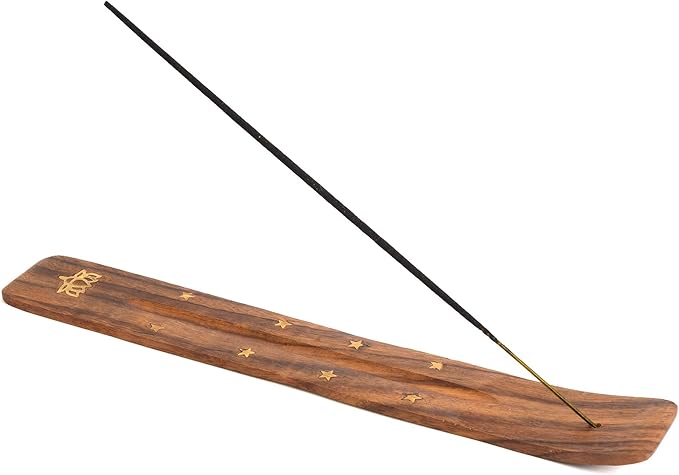 Incense Garden Wooden Incense Holder for Sticks with Inlays of Brass Lotus Flower 10 inches Long
