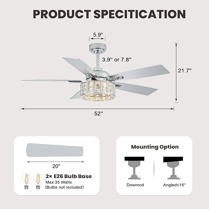 52" Modern Crystal Chandelier Ceiling Fans with Lights for Living Room | K9 Crystal Fandelier Fan Quiet Reversible DC Motor 6 Speeds Timer E26 Bedroom