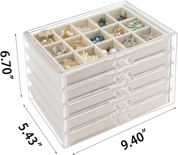 Watpot Acrylic Jewelry Box 5 Drawers Clear Earring Storage Organizer Display Case