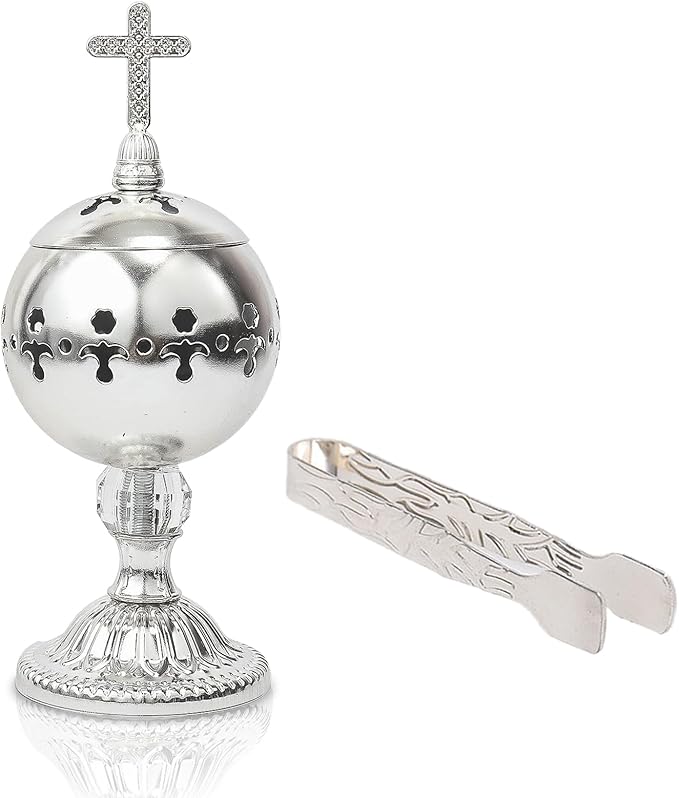 Traditional Incense Burner – Silver Charcoal Censer with Clip – Aromatherapy Resin Holder for Church, Meditation, Yoga, and Home