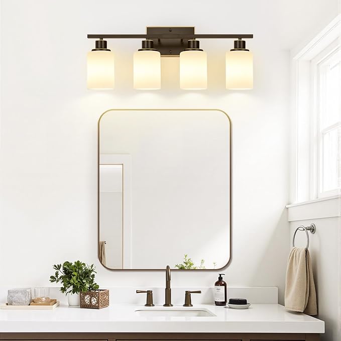 Indoi 4-Light Bathroom Light Fixtures, Oil-Rubbed Bronze Modern Vanity Lights with Milky White Shades, Bathroom Wall Lamp for Mirror Living Room Cabinet Bedroom Porch