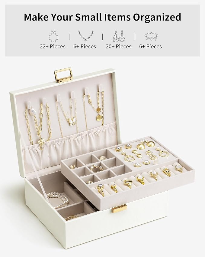 VLANDO Jewelry Box for Women, Gift for Women Girls,2 Layer Jewelry Box,Large Jewelry Organizer for Women Removable Jewelery Tray for Necklace Earrings Rings(Cream White) | Flexible Compartments, Separate Sections for Rings and Larger Pieces, Easy Every...