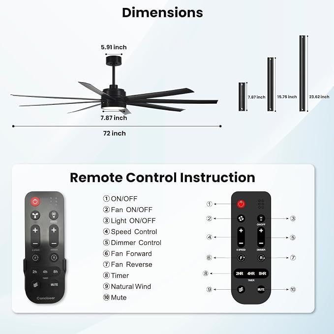 Modern Ceiling Fans with Lights, 72 Inch Ceiling Fan with Light and Remote, Bedroom Living Room Library Cafe Outdoor/Industrial,24W 6CCT Dimmable, 8 Blades 6 Speed Reversible Quiet DC Motor, Black