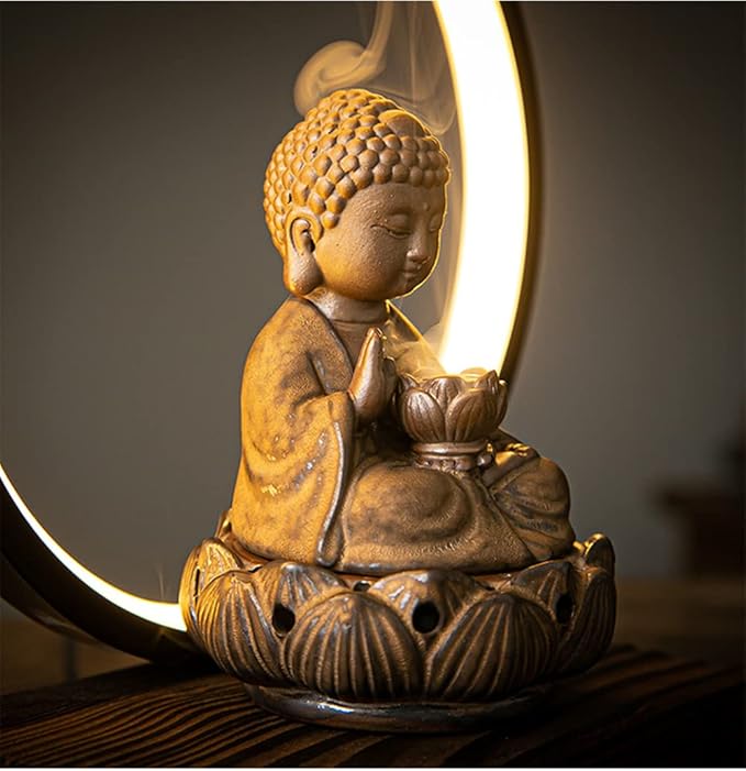 Ceramic Buddha Incense Burner Waterfall Chinese Backflow Incense Burner Holder with LED Light Incense Cones for Home Office Decor (Brown)