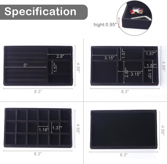 Set of 8 Velvet Jewelry Drawer Organizer Inserts, Stackable Trays with Removable Dividers, Earring and Ring Holder Display for Dresser, Storage Case for Necklace Bracelet Watch - Black