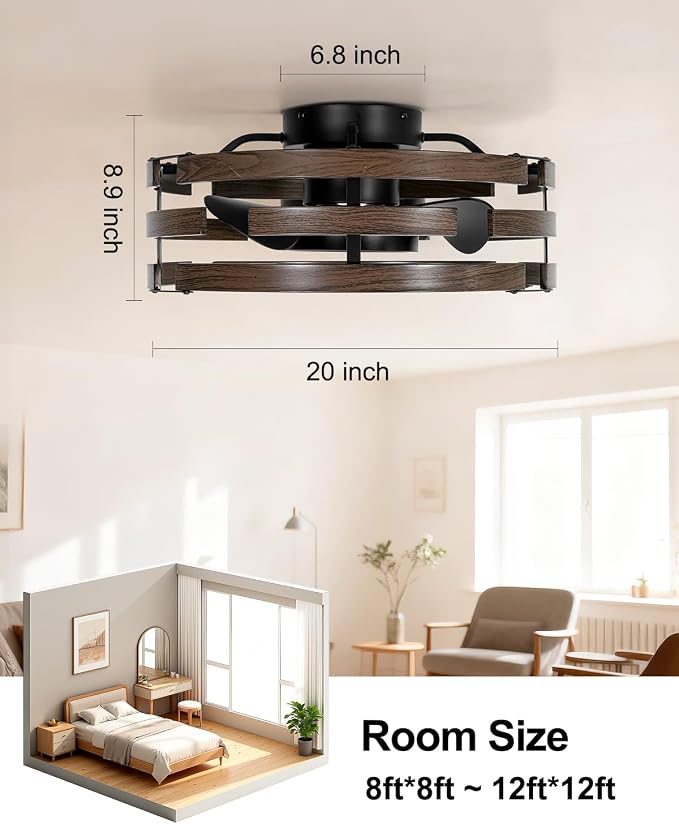 Roomratv Rustic Fandelier Flush Mount Ceiling Fan with Lights,20'' Low Profile Caged Ceiling Fan with Remote,Farmhouse Bladeless Enclosed Small Fan Light Fixtures for Kitchen Bedroom