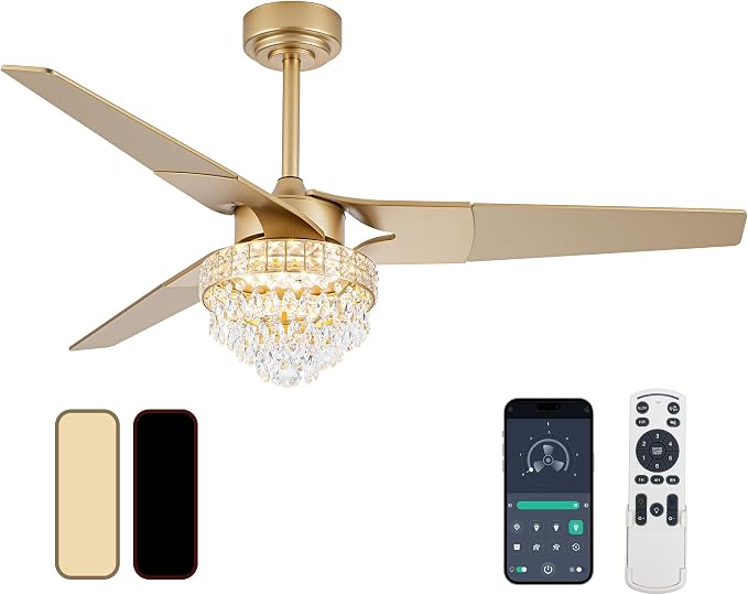 Chandelier Ceiling Fans With Lights And Remote, Chandelier Fan Ceiling,Crystal Ceiling Fan Fandelier With Lights,6 Speed 3 Timer Quiet Ceiling With Fans For Living Room Bedroom (Gold, 52 In'ch)