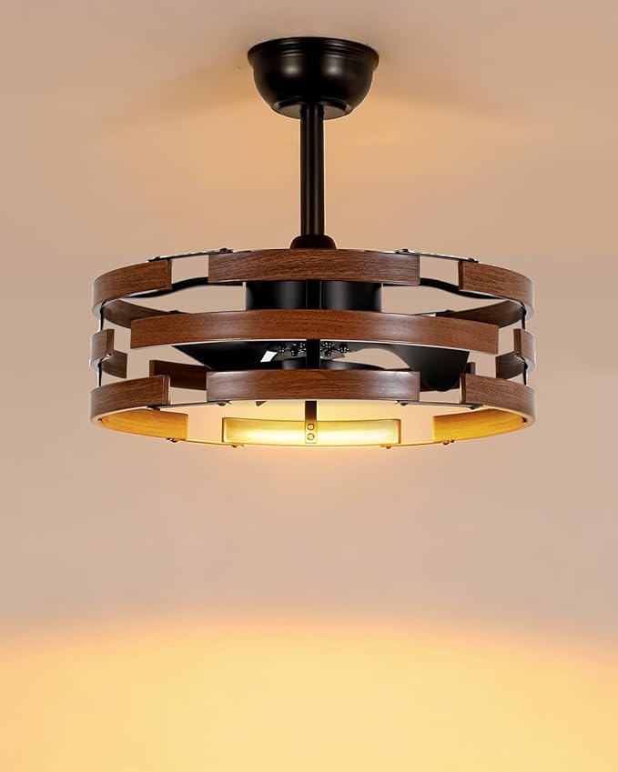 Roomratv Farmhouse Fandelier Ceiling Fan with Lights, 20'' Caged Bladeless Ceiling Fan with Remote, Enclosed Small Fan Light Fixtures for Bedroom Living Room