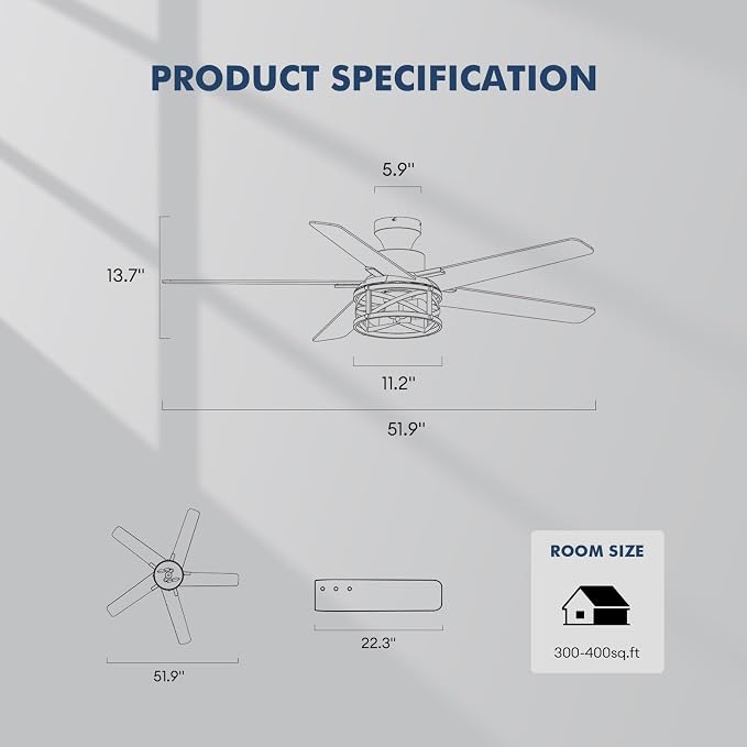 52 Inch Flush Mount Ceiling Fans with Lights and Remote Control, Low Profile Farmhouse Ceiling Fan for Bedroom Living Room and Patio, Black Caged Ceiling Fan for Indoor and Outdoor（NO BULBS）