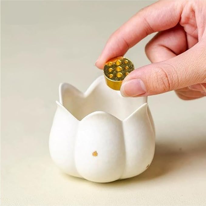 Hermit Life Incense Burner with 9 Holes Stick Holder, Lotus Bud or Tripod Ding Shape Design and Matte Ceramic Surface for Home Décor, Incense Stick Holder with Ash Catcher (White Lotus Bud)