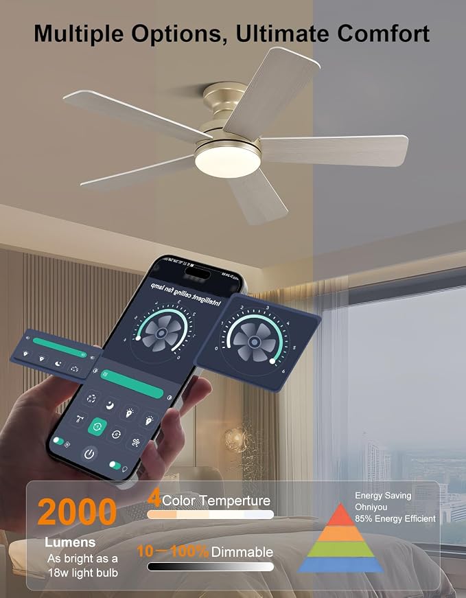 42" RGB Ceiling Fan with Light, App & Remote Controlled Flush Mount Ceiling Fan, Music Sync Lighting, 6-Speed Quiet Reversible DC Motor, 4CCT Dimmable for Bedroom Living Room, Champagne Gold