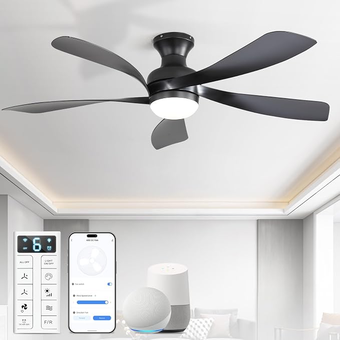 Sofucor Smart 52'' Low Profile Ceiling Fan with Lights and Remote, Flush Mount Ceiling Fan Work with APP/Alexa/Google for Modern Bedroom Living Room Patio, Dimmable LED Quiet Reversible DC Motor