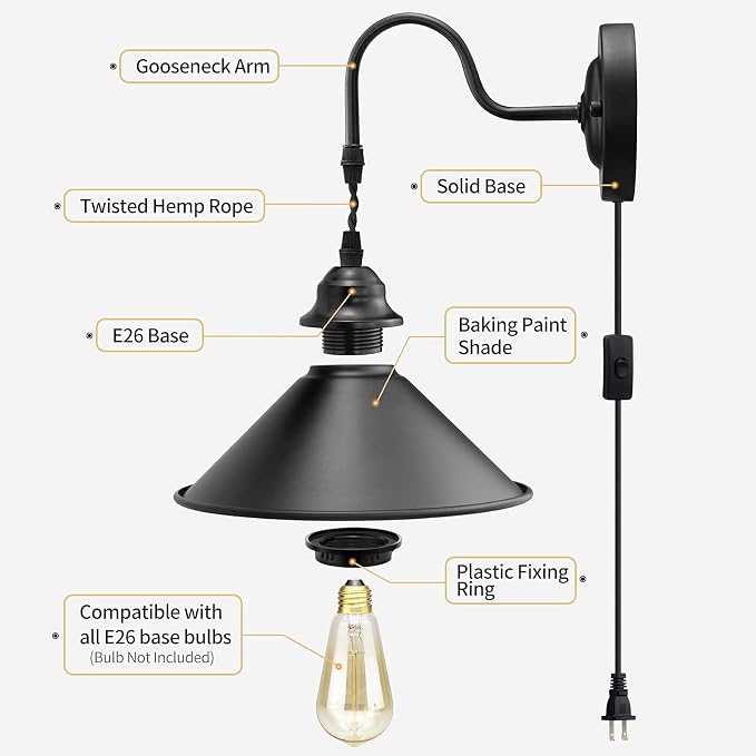 Plug in Wall Sconces, Vintage Plug in Wall Lamp Set of 2 with On/Off Switch, Metal Black Industrial Wall Mounted Light Fixture for Bedside Bedroom Indoor Doorway (Gooseneck Wall Lamp)