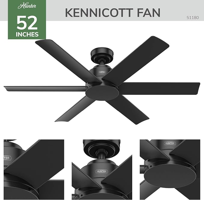 Hunter Kennicott, Outdoor or Indoor, Ceiling Fan, 52 inch, Matte Black | No Light, Standard Mount, Wall Control, 6 Blades, For Living Room, Patio, Porch, Garage, 51180