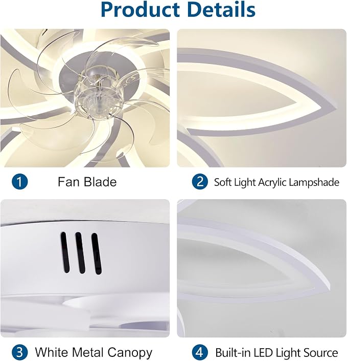 Modern 30" Ceiling Fan with Light, Low Profile Flush Mount Fandelier, Dimmable LED Ceiling Fan with Remote, 6-Speed Quiet Motor, Flower Design for Bedroom Living Room Kitchen (White)