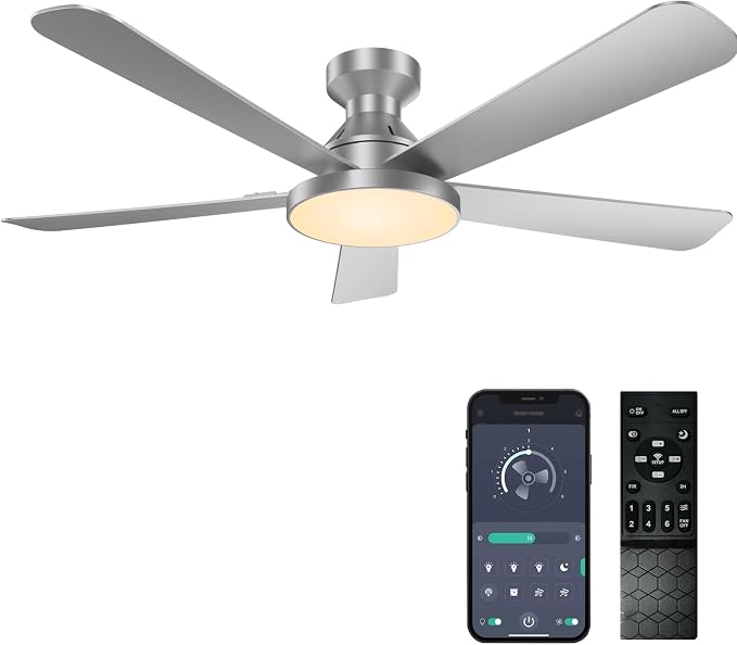 Ceiling Fans with Lights, 52 inch Low Profile Ceiling Fan with Light, Remote/App Control, Flush Mount Modern Ceiling Fan for Bedroom, Indoor/Outdoor (Silver)